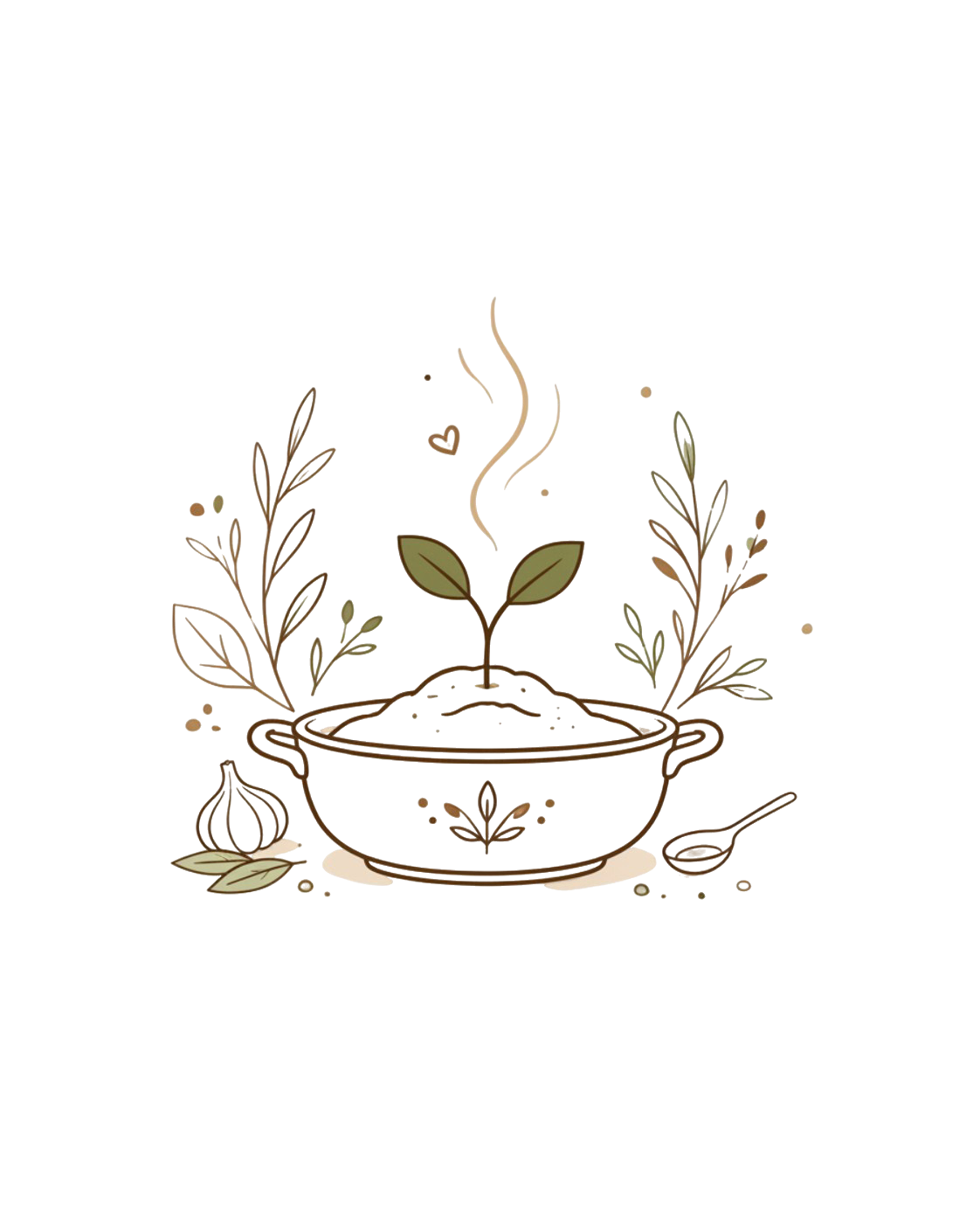 Ilustración de una olla de la que brota un pequeño retoño entre hierbas